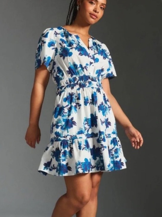 Anthropologie Dresses & Skirts - Anthropologie The Somerset Blue Floral Cotton Mini Dress Size Large
